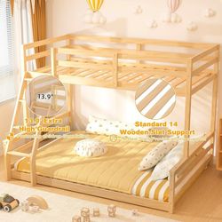 TOLEAD Low Bunk Bed Twin Over Full Size, Floor Twin Over Full Bunk Bed with Ladder, Wooden Bunk Bed with Full Guardrails, Low Bunk Bed for Juniors, Bo