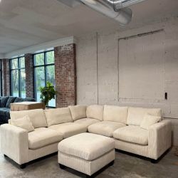 Cream Corduroy Sectional Sofa w Ottoman