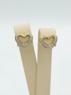 14K YELLOW GOLD 1.71 GRAMS CLEAR STONE HEART STUD EARRINGS USED