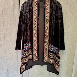 Andree By Unit Embroidered Floral Black Crushed Velvet Boho Kimono Jacket Small