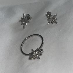 Diamond White Gold Starburst Ring And Matching Earrings Set 