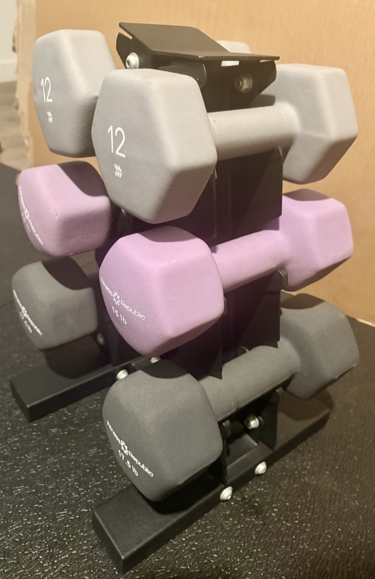 Cast Iron Neoprene Coat ...Set of Dumbbells with Rack; pairs of  12s, 15s and 17.5 lbs. 