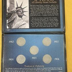 5 Liberty Head Nickels Set (1902–1906) – Vintage U.S. Coins in Display Pouch