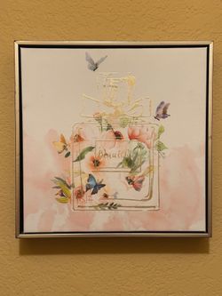 Chic Glam Perfume Bottle Canvas Wall Art - Pink Floral Gold Foil 13x13