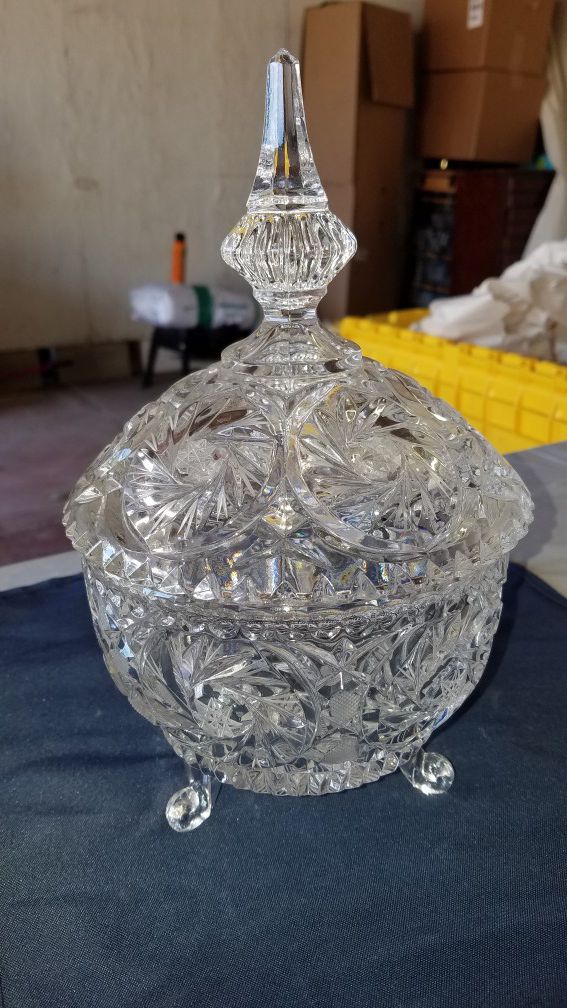 Vintage Heavy classic crystal cut footed candy dish with lid 6inch X 10 inches tall