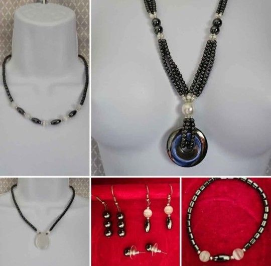 10 pc Hematite Jewelry Lot 3pr Earrings, 3 Necklaces