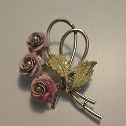 Vintage Gold Tone Pink Enamel Rose Faux Pearl Brooch Pin