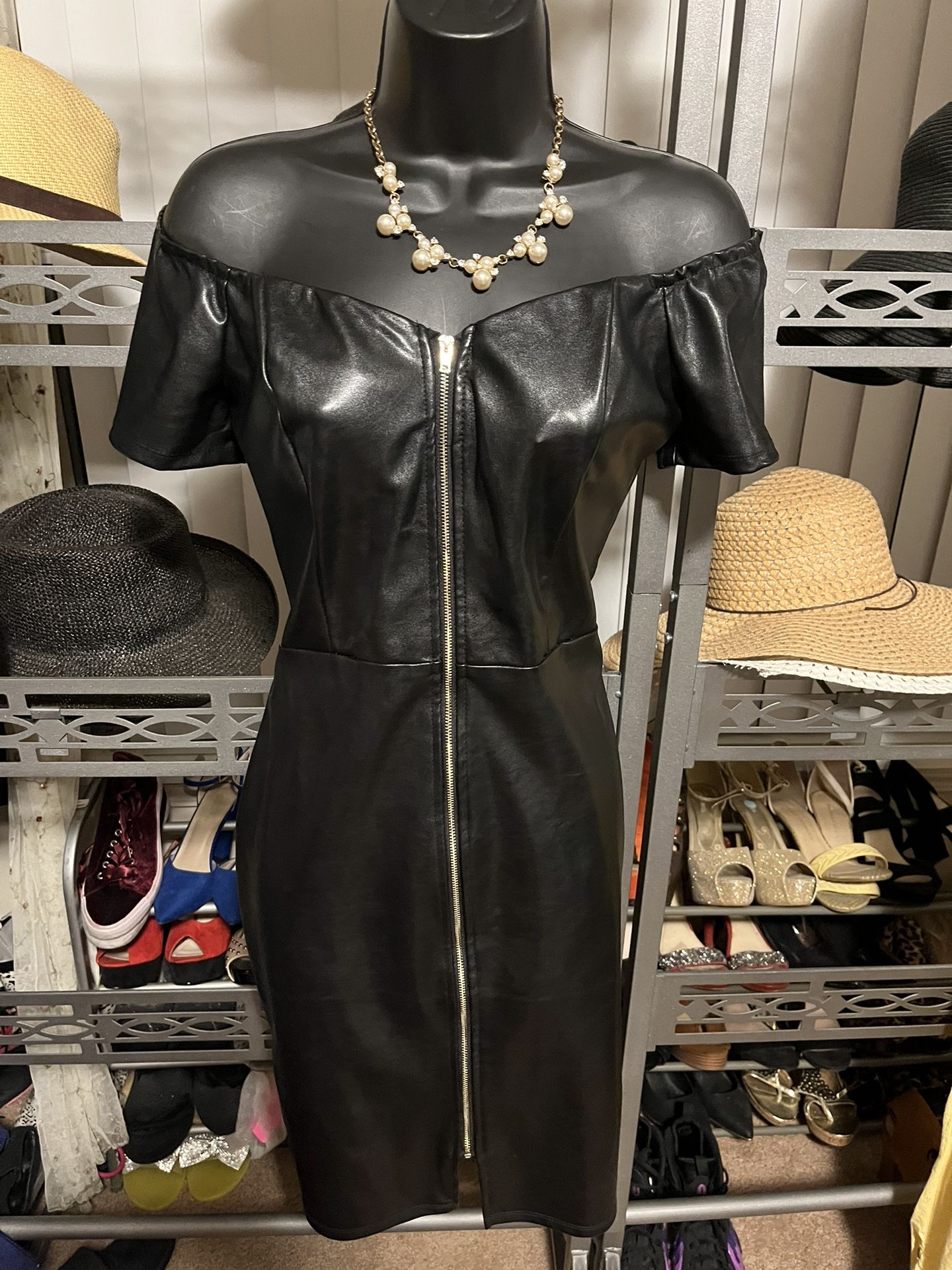HAUTE MONDE leather faux off shoulder dress