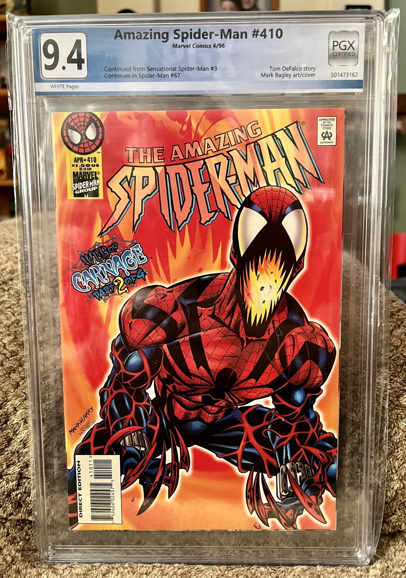 AMAZING SPIDER-MAN #410 PGX 9.4 1ST APPEARANCE OF SPIDER-CARNAGE MARVEL
