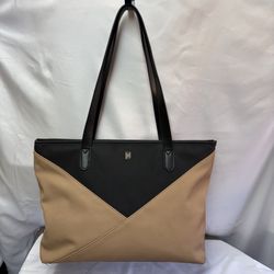 NOTIQ Duo Tone Zip Tote / Handbag & Matching Zipper Pouch Black & Beige Vegan Leather 