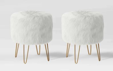 Set of 2,Radovre Ottoman Faux Fur White With Gold Metal Hairpin Legs-Threshold, Brand New in the Box