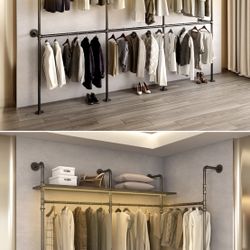 Industrial Pipe Clothing Rack, Reversible 118.3" Clothes Rack for Hanging Clothes, Heavy Duty Garment Rack Closet Wardrobe Rack with LED Lights & Shel