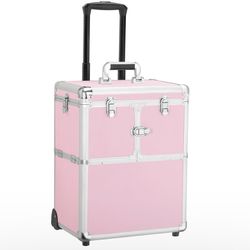 Professional Makeup Train Case Travel Makeup Trolley Rolling Cosmetic Case Beauty Train Case Beauty Organizer, Pink