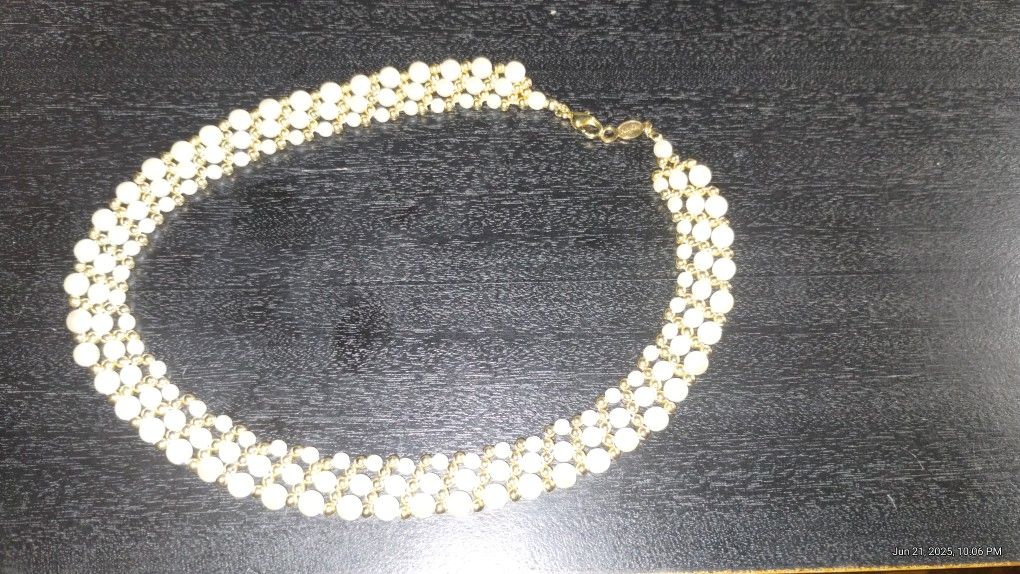 Rare Napier Gold Tone Beads Faux Pearl Triple Strand Necklace Graduating Size