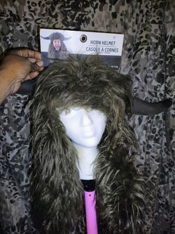 Horn Helmet Head Mask with Faux Fur Hair