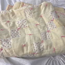 Vintage Handmade and Hand Quilted - Homemade Quilt 48”x32” Yellow Pink