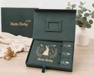 Hello Baby Velvet Baby Memory Book & Keepsake Box Set Green Woodland Bunny