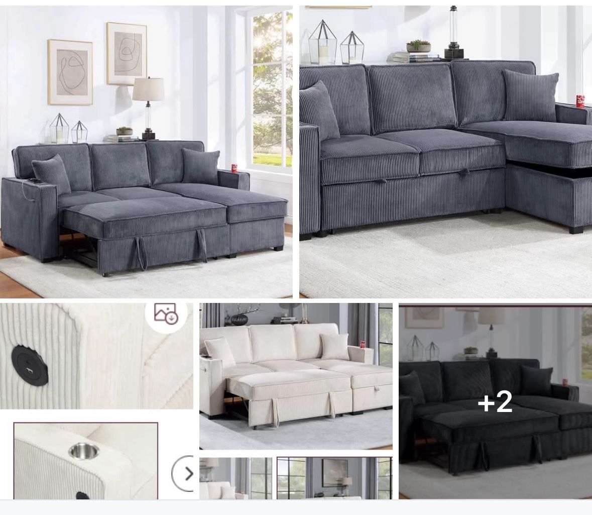 $369. 2-PCConvertible Sectional Sleeper Sofa W/ Cupholder Sofa Storage & USB Ports 89”x 59”X36”H