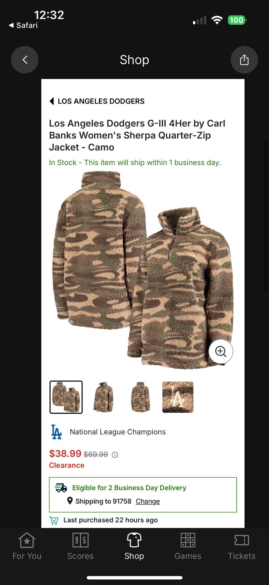 Women’s  2x Dodgers Camo Sherpa Zip Jacket