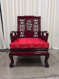 Dark Wood Carved Arm Chair with Red Cushion