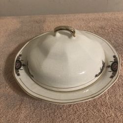 Vintage 3 Piece Rose Accent Gold Trim 8” Serving Dish With Lid & Trivet