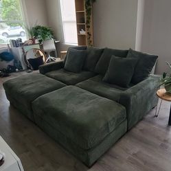 Green Corduroy Sofa With Ottomans