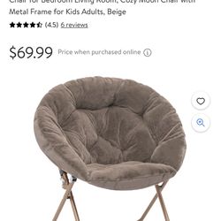 Comfy Saucer Chair, Foldable Faux Fur Lounge Chair for Bedroom Living Room, Cozy Moon Chair with Metal Frame for Kids Adults, Beige