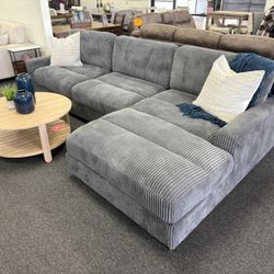 Modular Sectional In Grey Corduroy Fabric With Large Chaise Sofa Couch 