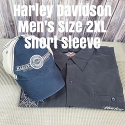 New Black Harley Davidson Men's Size 2XL Short Sleeve Shirt Blue Adjustable Hat 