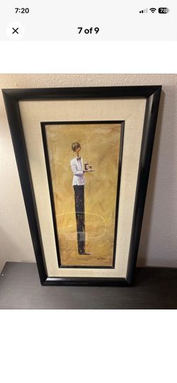 Vintage Elongated waiter painting framed.