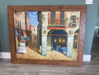 Large Framed European Street Scene Oil Painting 55” 1/2 x 43” 1/2 Cuadro