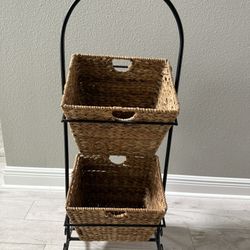 2-Tier Wicker Basket Storage Stand