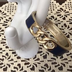 Fornash Women’s Enamel Bangle Bracelet Hinged, Blue with Gold Tone Trim and Decorative Front Like New Size: 7