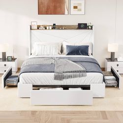 Queen Size Velvet Bed Frame with 3 Storage Drawers, Upholstered Platform Bed with Wingback Storage Headboard and USB Ports, No Box Spring Needed, Easy