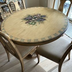 Table, china hutch.  Dishes