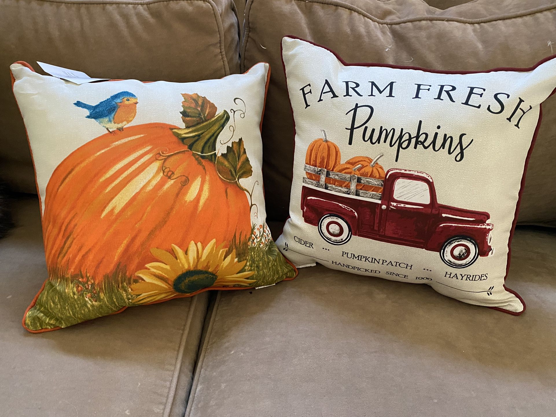 Two  fall  16 x 16 toss pillow’s: -  16 X 16 -  same design on both sides of the pillow -  outdoor/indoor -  100% polyester -  NWT -  spot cl
