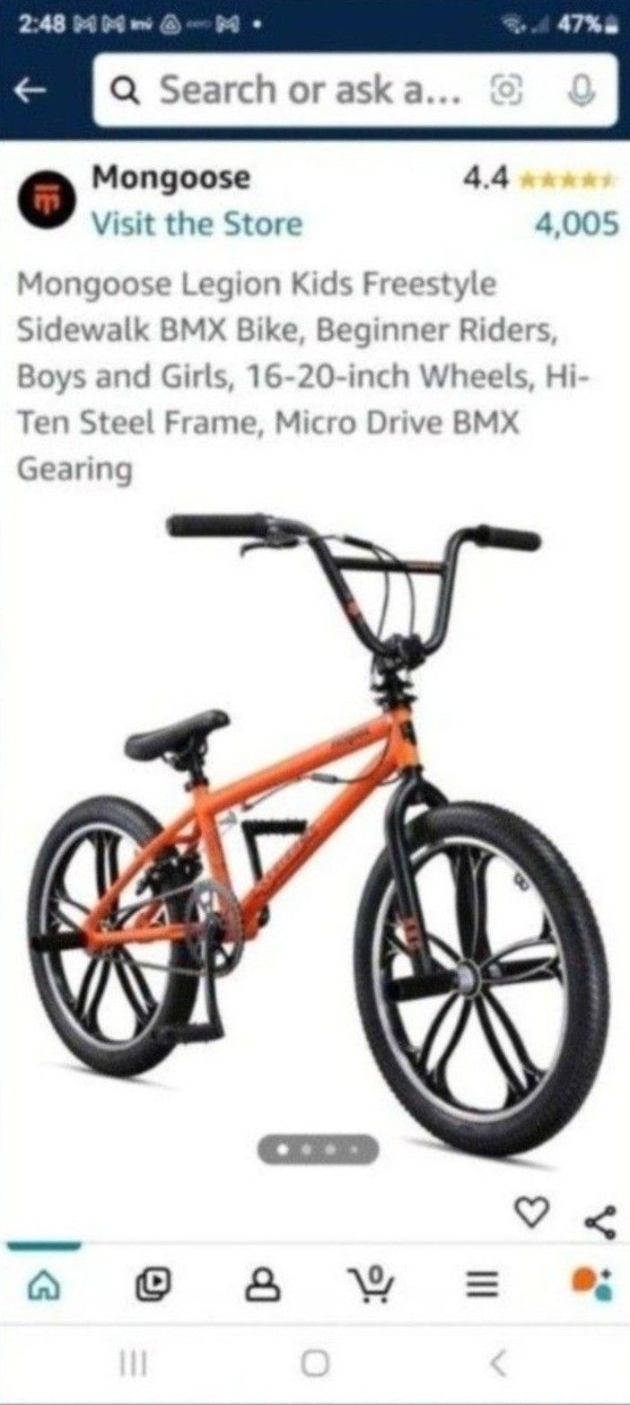 Mongoose Legion Kids Freestyle Sidewalk BMX Bike, Beginner Riders, Boys and Girls, 20-inch Wheels, Hi-Ten Steel Frame, Micro Drive BMX $80