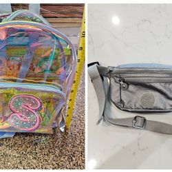 See through iridescent Backpack Purse, Kipling metallic silver cross body bag