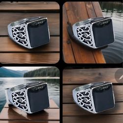 BEZEL SET BLACK ONYX SQUARE MENS SIZE 9 NEW QUALITY TITANIUM ENGRAVED SILVER ...