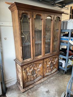 Vintage Wood China Cabinet with Glass Doors