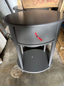 Round Gray Side Table with Drawer and Shelf
