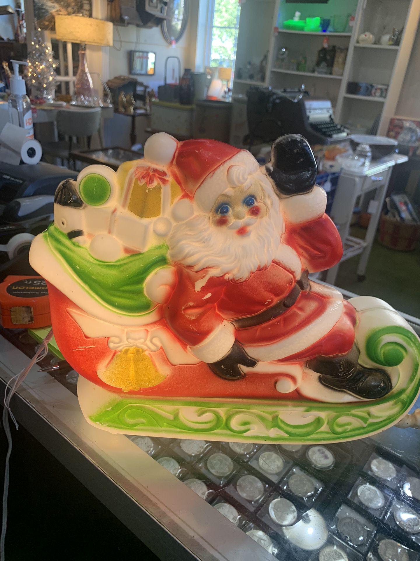 Vintage 1970 Empire Santa’s Sleigh and 2 Reindeer lighted table top Christmas blow mold. 24x6x11. 85.00.  Johanna at Antiques and More. Located at 316