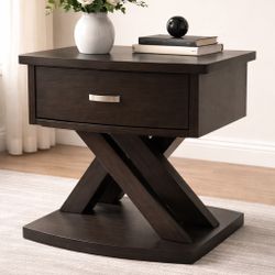 Modern Dark Wood End Table / Nightstand with Drawer – X Base 