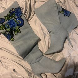 Cute Knee High Flower Denim Boots 