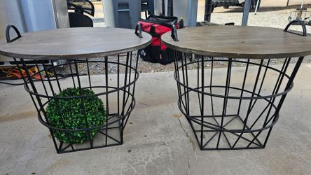 🖤 Rustic Wood & Metal Basket End Tables – Set of 2