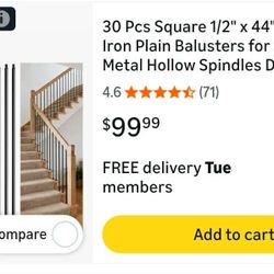 0066: 30 Pcs Square 1/2" x 44" Wrought Iron Plain Balusters for Staircase, Metal Hollow Spindles Deck Baluster for Indoor Stairs (Satin Black- 30pk)