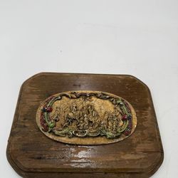 Vintage Wooden Jewelry Trinket Box Folk Dancing Scene Cast Metal Relief Lid German Style 