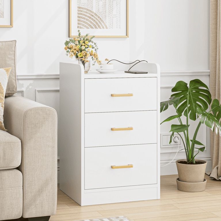White Nightstand with Charging Station, 3 Drawers Nightstand for Bedroom, Modern Storage Cabinet for Living Room