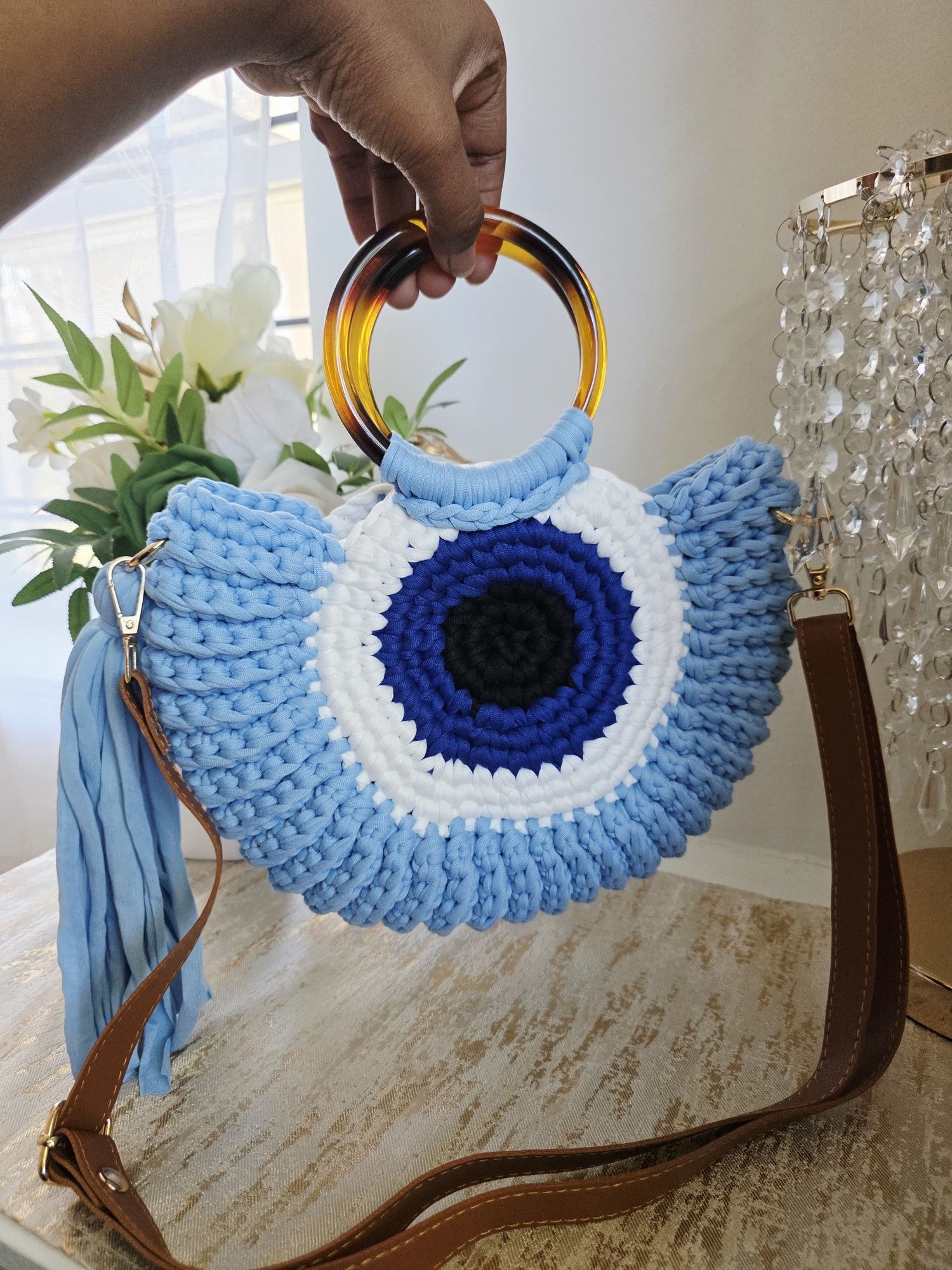 Handmade Evil Eye Crochet Bag • Boho Round Handbag with Tortoise Handles • Teal Tassel Purse • Crossbody & Handbag • Unique Gift for Women