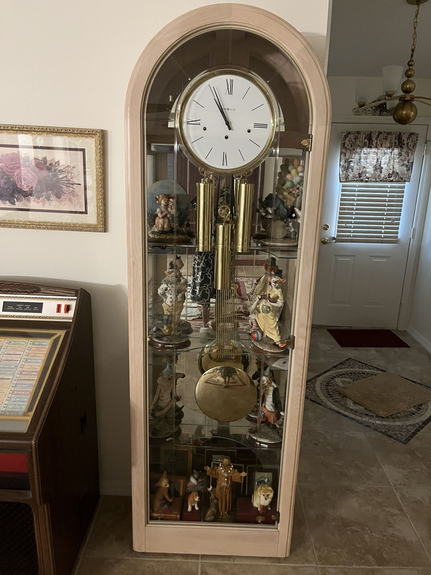 ✨Elegant Grandfather Clock & Display Curio Cabinet - Light Wood  Finish, Glass Shelves and Brass Pendulum